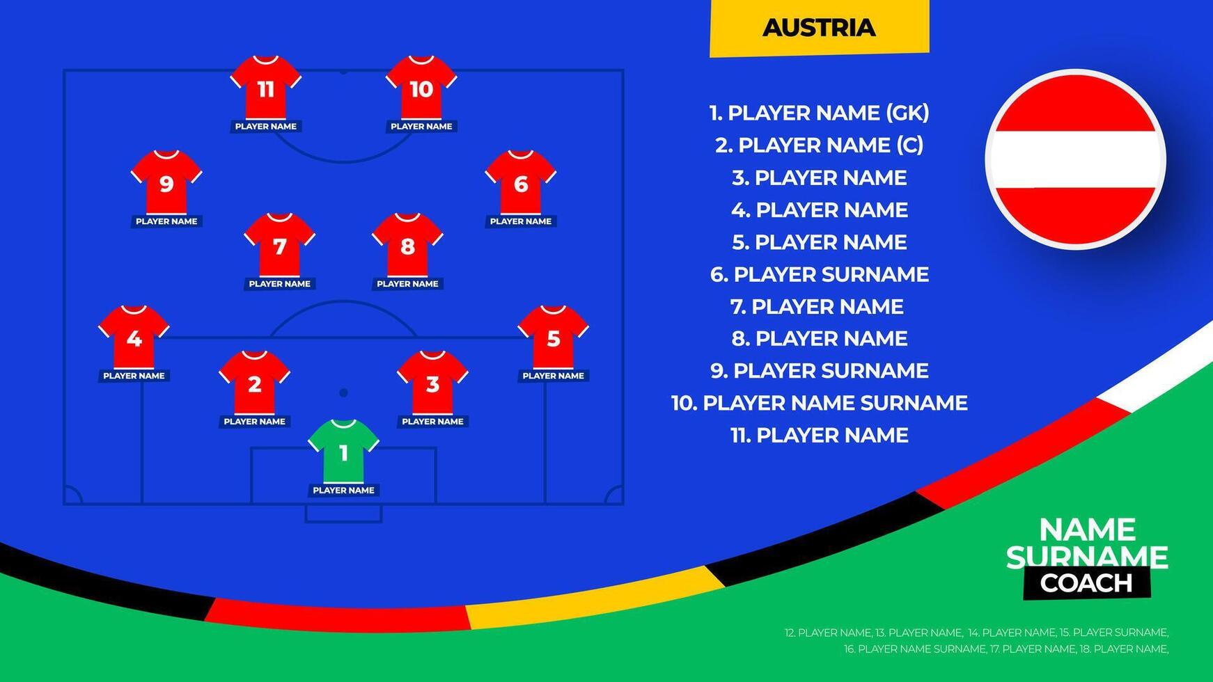 L'Autriche Football équipe départ formation. 2024 Football équipe s'aligner sur déposé Football graphique pour football départ s'aligner équipe. illustration vecteur