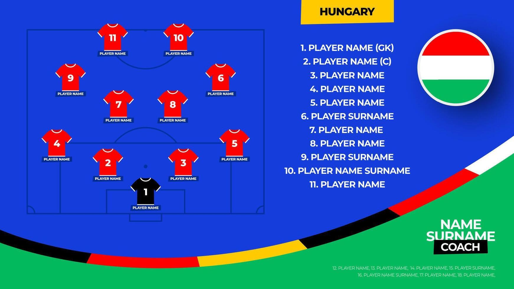 Hongrie Football équipe départ formation. 2024 Football équipe s'aligner sur déposé Football graphique pour football départ s'aligner équipe. illustration vecteur