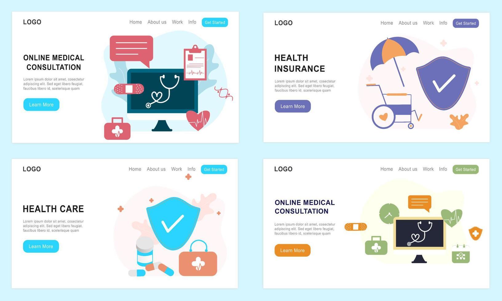 ensemble de modèles de pages de destination pour les soins de santé en ligne, l'assurance maladie, les services de santé en ligne, la consultation médicale en ligne. médecin et thérapeute pour site Web, interface utilisateur, application mobile, affiches, bannières. vecteur