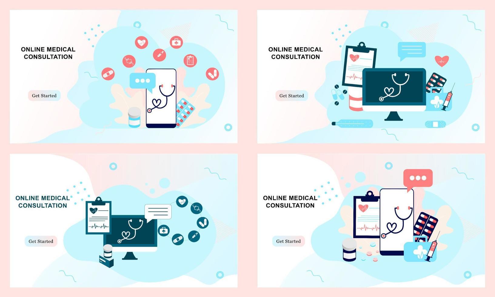 ensemble de modèles de pages de destination pour les soins de santé en ligne, les services médicaux, l'aide en ligne, les médicaments, la consultation médicale en ligne. médecin, pharmacie, clinique, thérapeute pour site Web, application mobile ui. vecteur