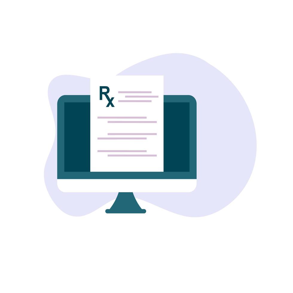 document numérique de prescription médicale en ligne ou rapport de résultats de test en ligne sur écran d'ordinateur mobile. concept de pharmacie pharmacie, diagnostic, hôpital, soins de santé. illustration vectorielle plane. vecteur