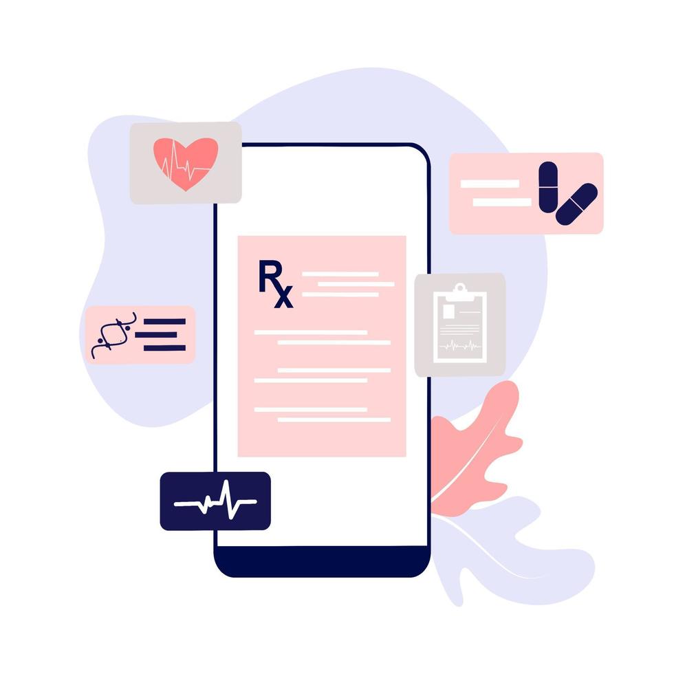 document numérique de prescription médicale en ligne ou rapport de résultats de test en ligne sur écran d'ordinateur mobile. concept de pharmacie pharmacie, diagnostic, hôpital, soins de santé. illustration vectorielle plane. vecteur