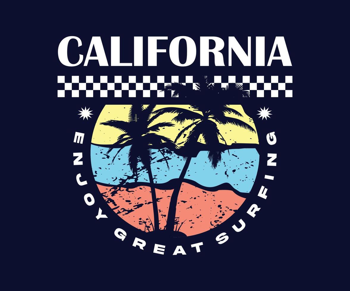 Californie calligraphie slogan avec paume plage vue dans cercle Cadre illustration sur noir Contexte pour t chemise conception, rue porter, vêtements, Urbain style, sweats à capuche, etc. vecteur