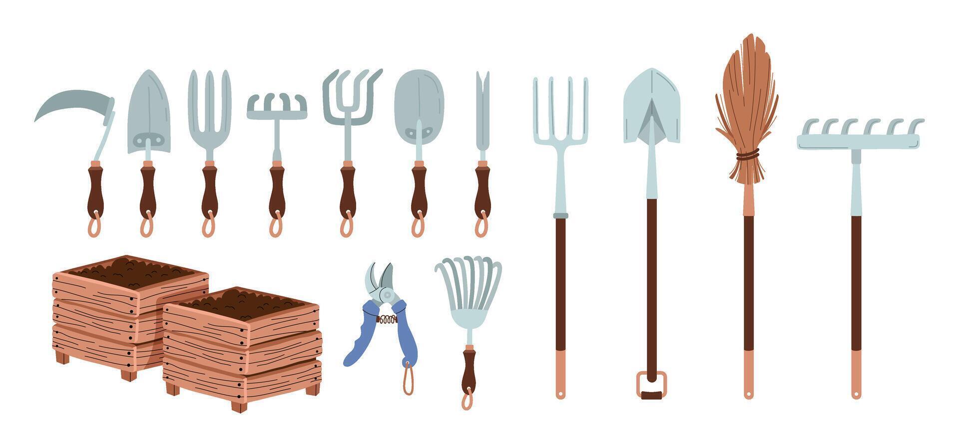 collection de jardin et agriculture outils. râteau, pelle, fourche, balai. ferme instruments ensemble. piques, fourchette, houe, faux, désherbeur, piques, fourchette. croissance légumes, compost. illustration. vecteur