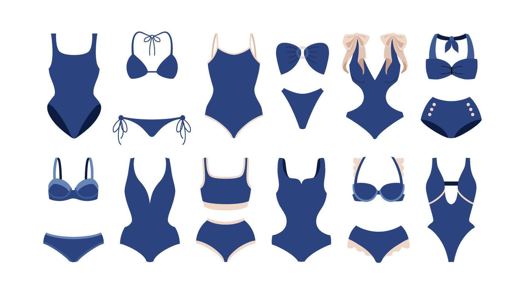 été plage bikini et maillots de bain ensemble. élégant aux femmes lingerie et maillots de bain bleu couleur. collection mer recours vacances vêtements. été femelle Vêtements mignonne autocollants. plat illustration. vecteur