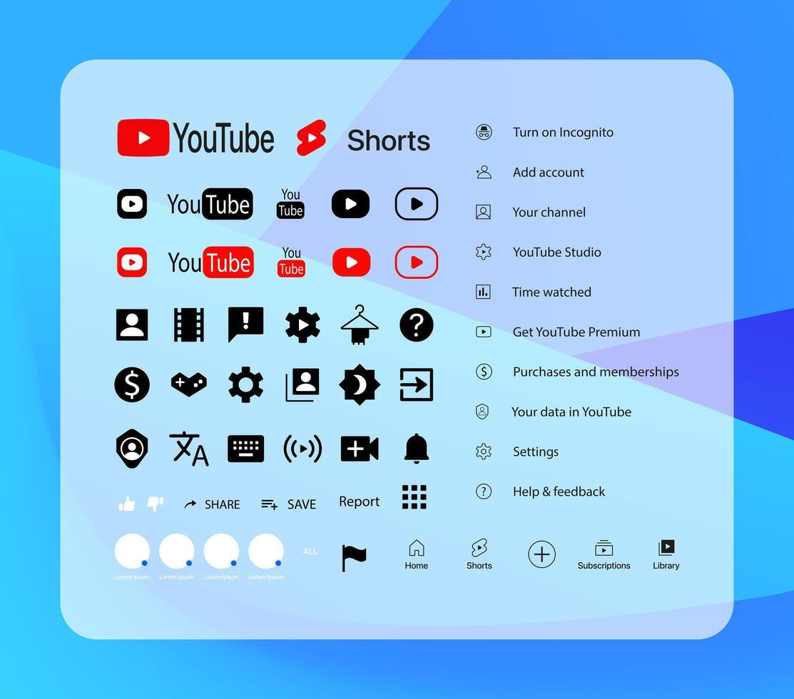 Youtube bouton icône. ensemble écran social médias et social réseau interface modèle. histoires utilisateur bouton, symbole, signe logo. histoires, aimé, flux. éditorial. illustration vecteur