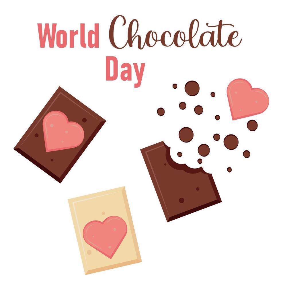 monde Chocolat journée fête sept juillet Chocolat morceaux avec cœurs délicieux dessert plat style vecteur
