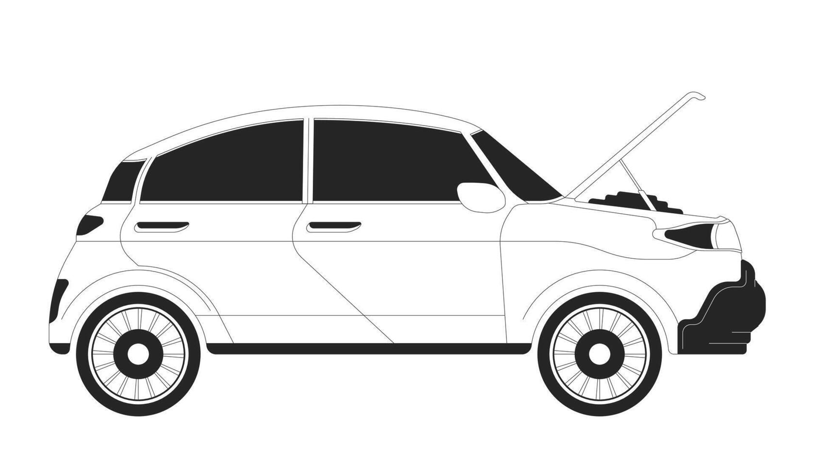 voiture avec ouvert capuche noir et blanc 2d ligne dessin animé objet. auto moteur diagnostique. véhicule un service magasin isolé contour article. cassé transport vérification monochromatique plat place illustration vecteur