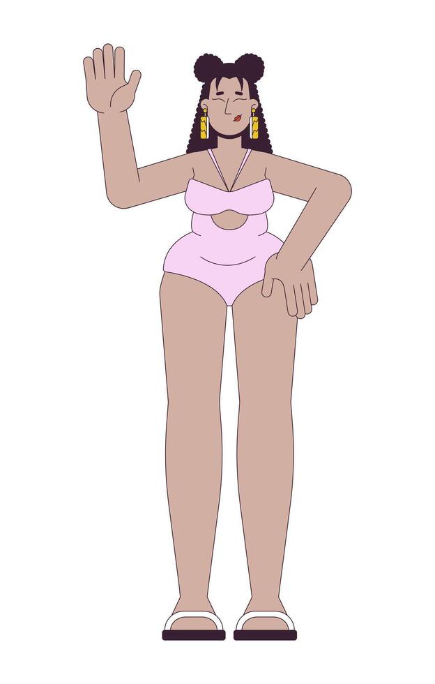 dodu hispanique femme dans maillots de bain 2d linéaire dessin animé personnage. plus taille femelle fier de courbée corps isolé ligne la personne blanc Contexte. en surpoids Couleur plat place illustration vecteur