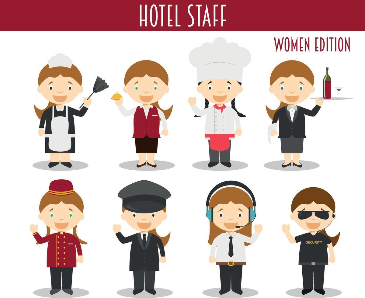 ensemble de Hôtel Personnel les professions dans dessin animé style. femmes édition. vecteur