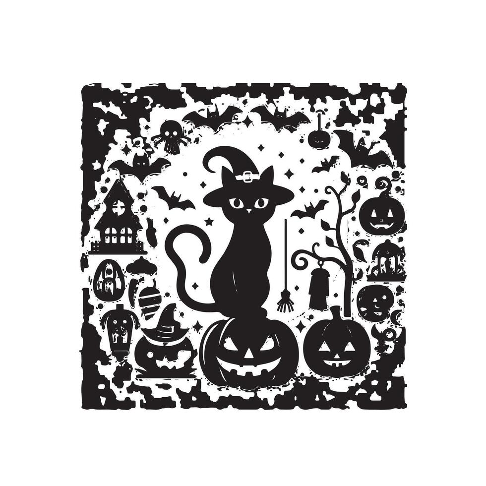 Halloween noir chat silhouette, noir chat noir et blanc couleur, noir chat art conception style vecteur