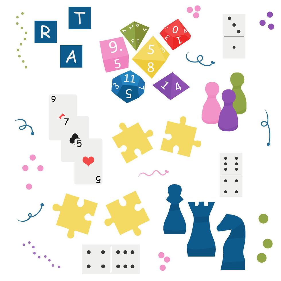 une ensemble de planche Jeu articles, cartes, échecs, cubes, dominos, énigmes. isolé illustration. vecteur