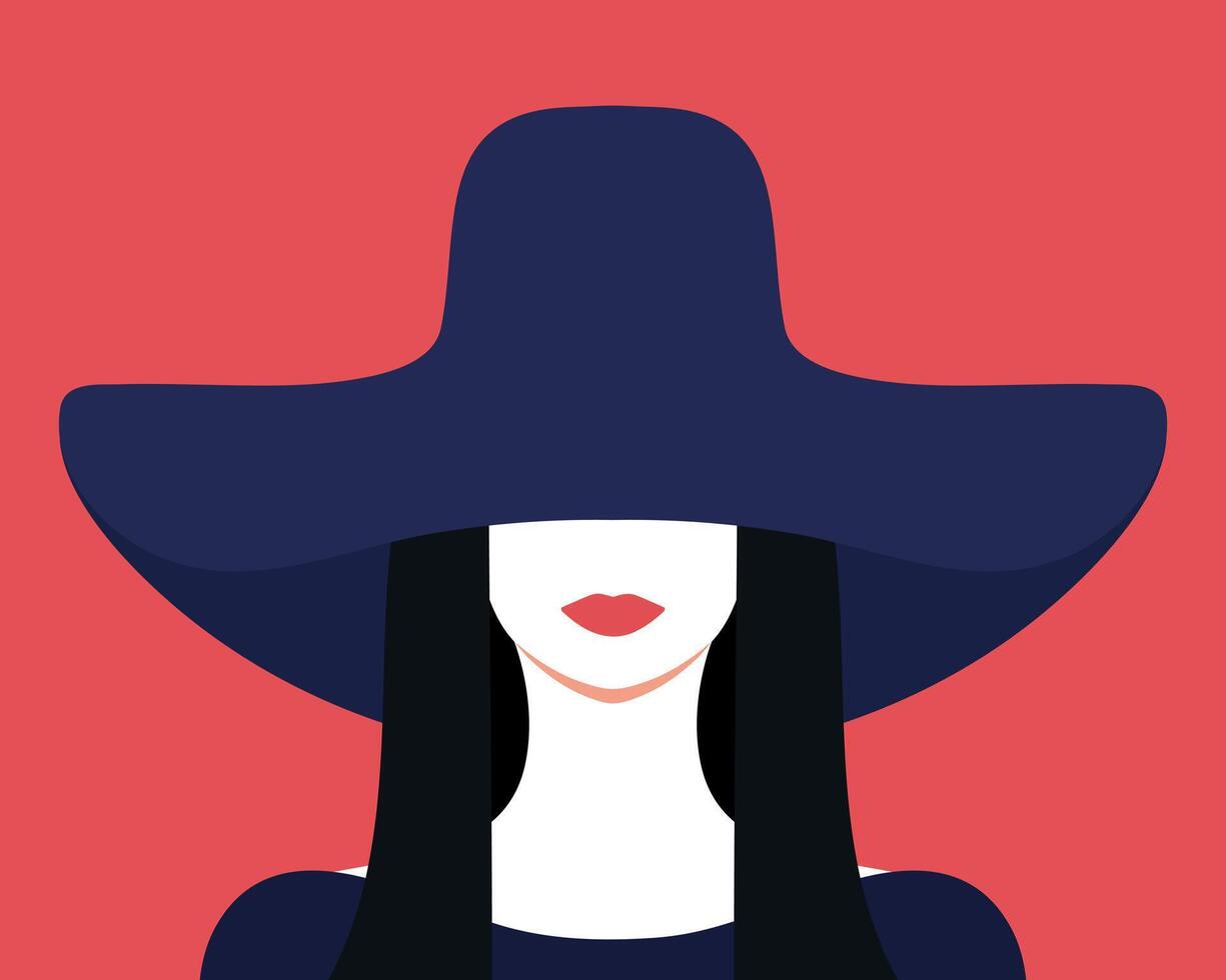 abstrait portrait de une brunette femme dans une chapeau. élégant femme avec chapeau couvrant sa yeux. sans visage portrait. illustration vecteur