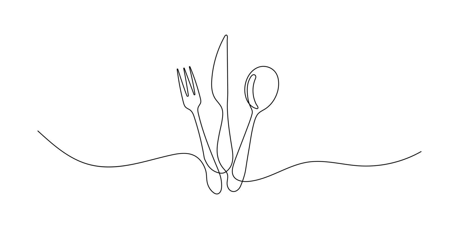 ensemble dans continu ligne dessin style de cuillère, fourchette, steak couteau ligne art décoratif en bonne santé aliments. graphique. vecteur