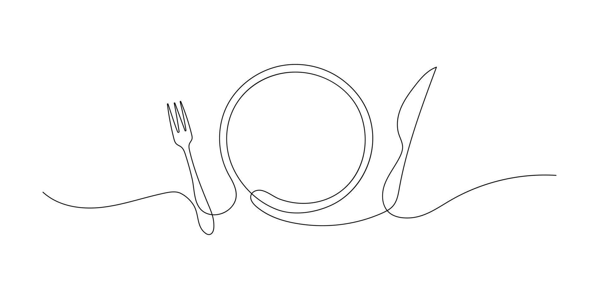 ligne dessin de une fourchette, couteau, et plaque. une continu une ligne esquisser de coutellerie et cuisine ustensiles. dessiné à la main vaisselle illustration pour une restaurant logo ou menu couverture dans linéaire style vecteur