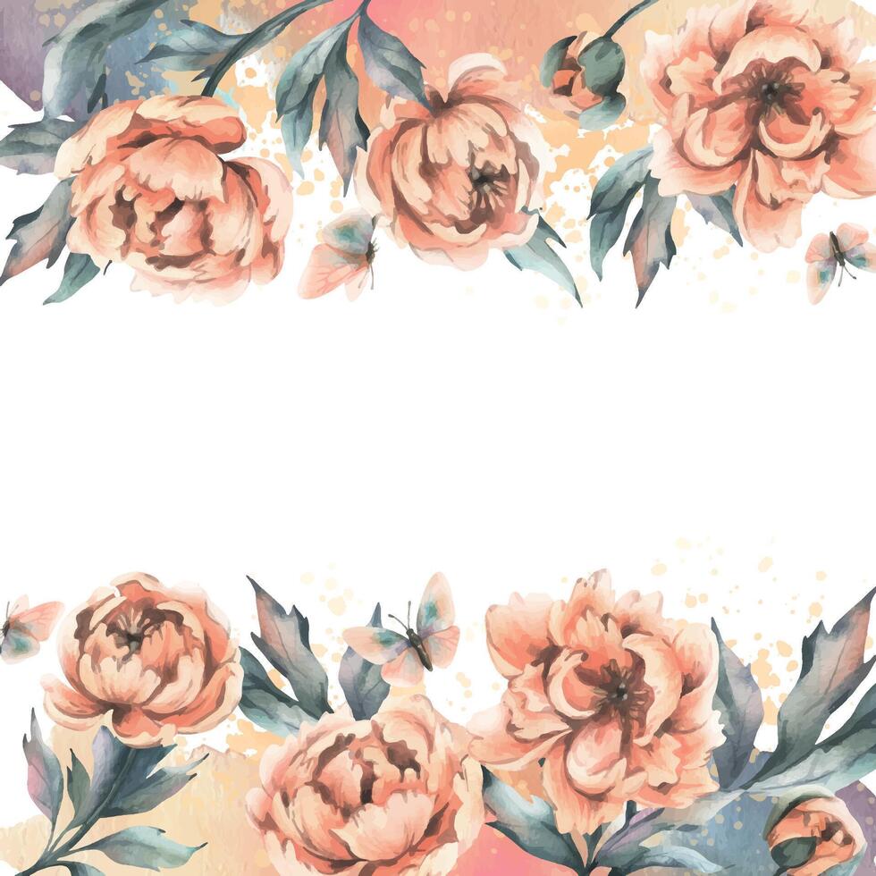 pivoine fleurs avec bourgeons et feuilles avec en volant papillons dans pastel pêche duvet couleur. main tiré botanique aquarelle illustration. romantique, mignon, beau, cadre, couronne, modèle pour texte vecteur