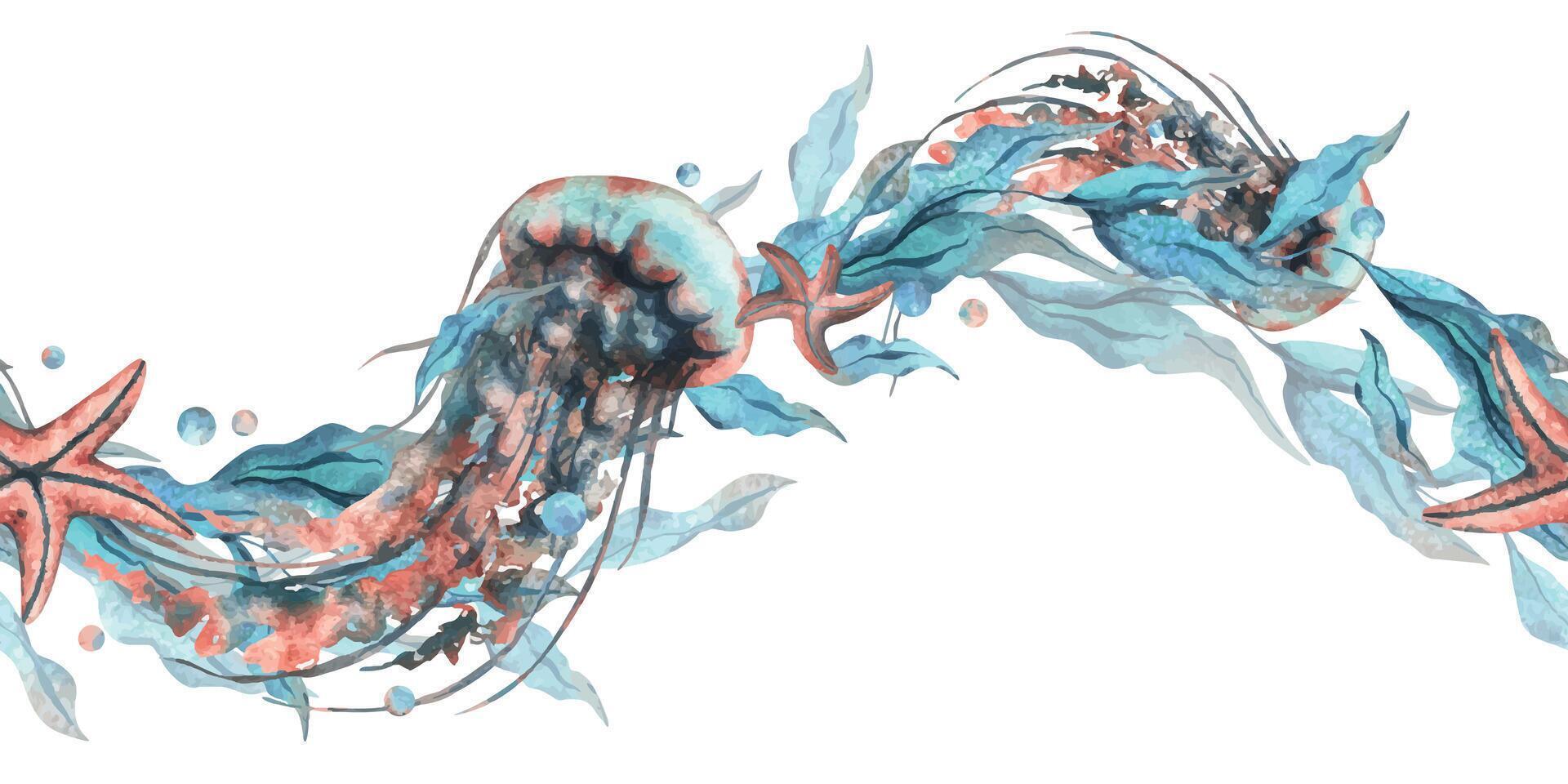 méduse, algue dans le forme de une vague avec étoile de mer et l'eau bulles. aquarelle illustration main tiré dans turquoise et corail couleurs. sans couture frontière, modèle isolé de le Contexte vecteur