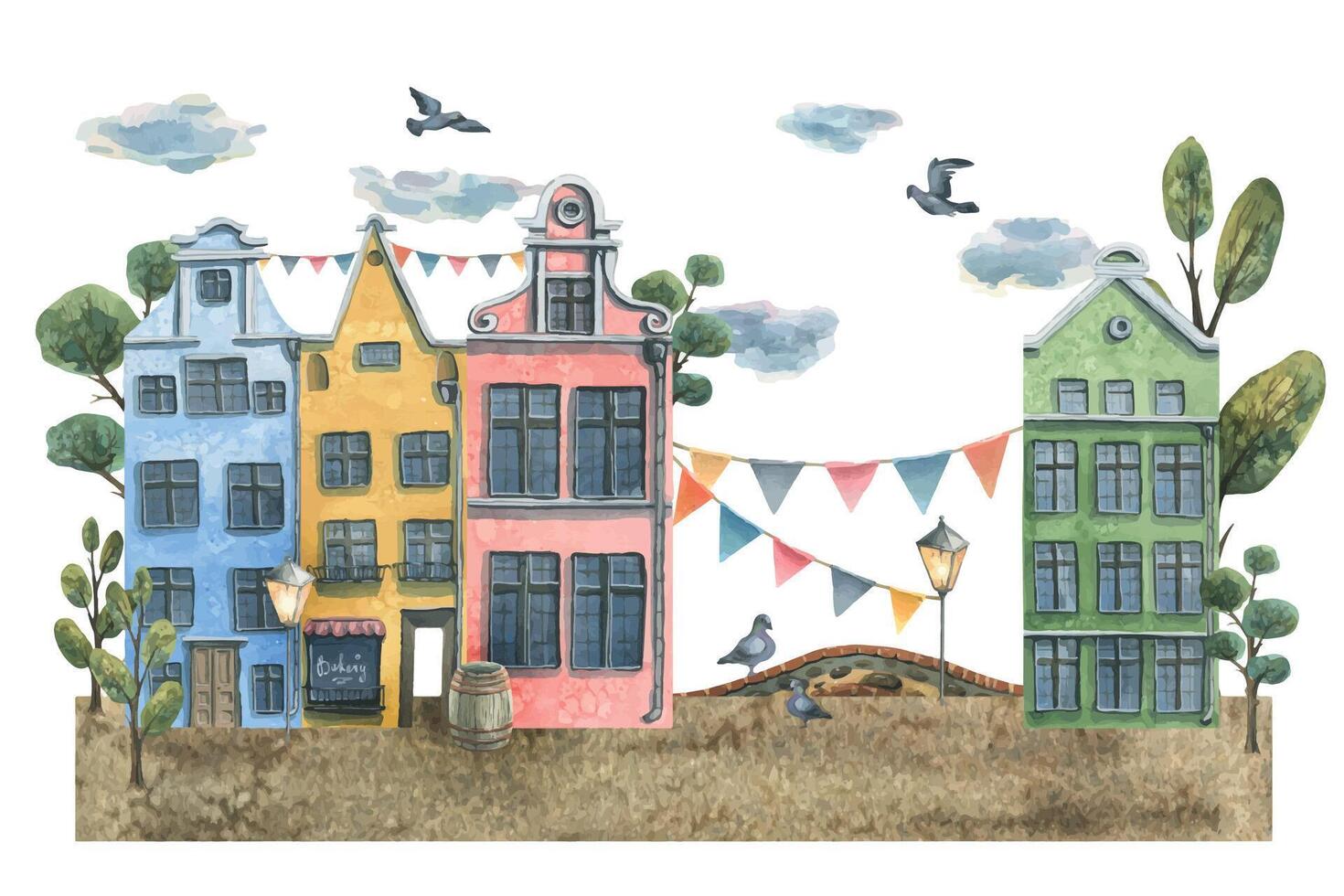 aquarelle illustration de une composition de mignonne vieux ville Maisons. européen multicolore Maisons, des ponts, dessin animé des arbres, rue lampe, pigeons, des nuages. pour le conception de cartes postales, affiches, bannières vecteur