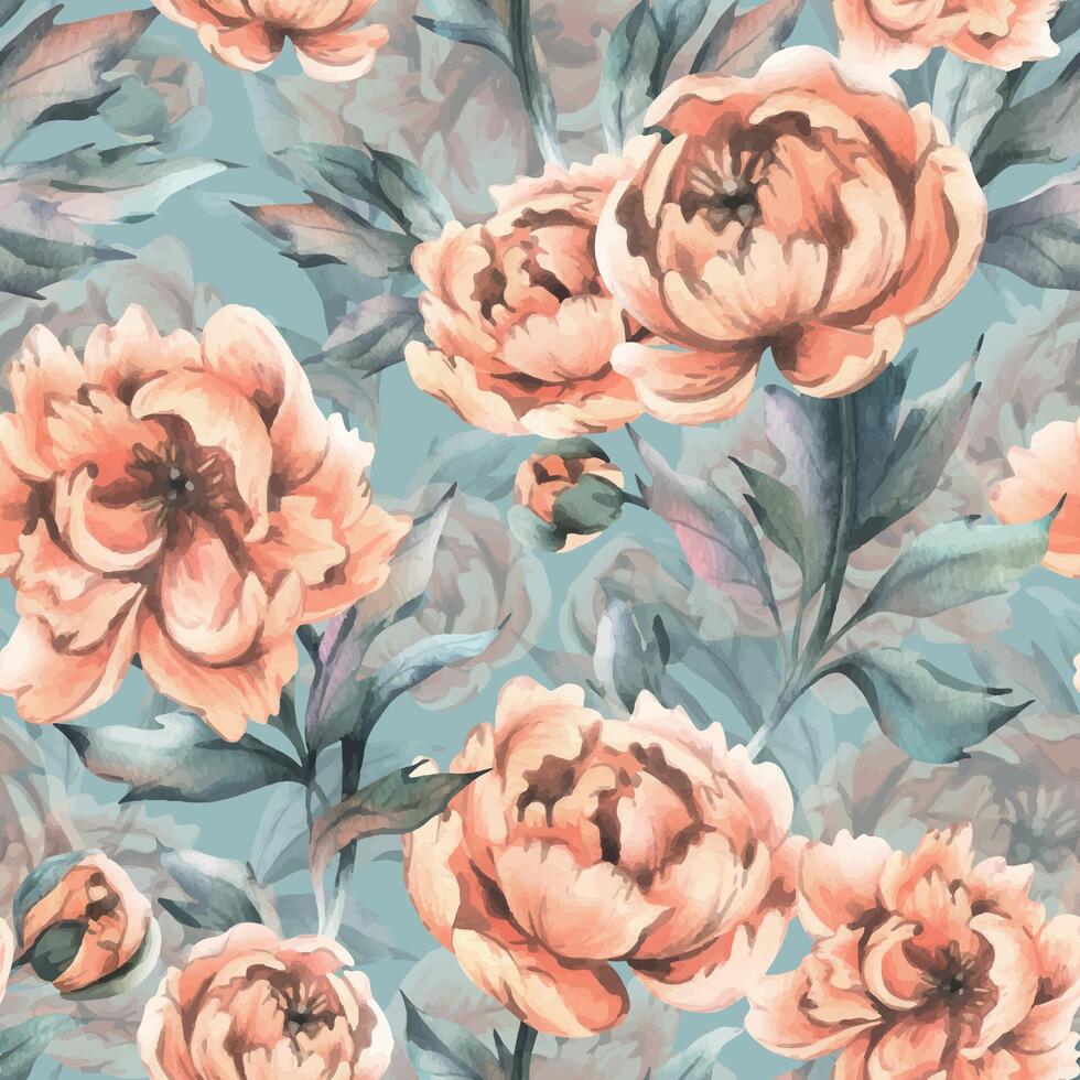 pivoine fleurs avec bourgeons et feuilles avec en volant papillons dans pastel pêche duvet couleur. main tiré botanique aquarelle illustration. romantique, mignon, beau, sans couture modèle, répéter ornement vecteur