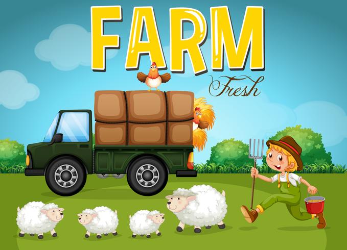 Scène de ferme avec fermier et moutons vecteur