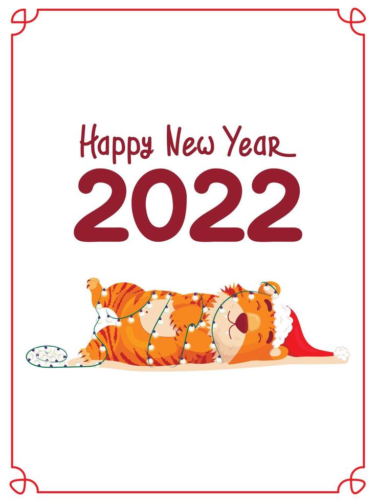 carte de nouvel an de bonne année du tigre 2022. tigre chinois dans un chapeau du nouvel an enveloppé dans une guirlande se trouve et dort. style cartoon plat vecteur