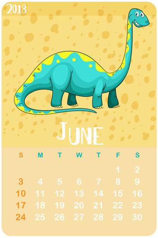 Modèle de calendrier pour juin avec un dinosaure vecteur