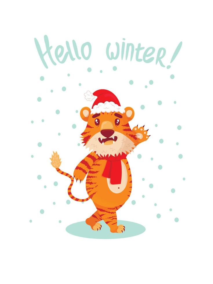 carte de voeux avec l'inscription bonjour hiver avec un mignon tigre chinois, symbole de la nouvelle année. style plat. un tigre dans un chapeau du nouvel an et une écharpe rouge se réjouit et sourit, agitant sa patte vecteur