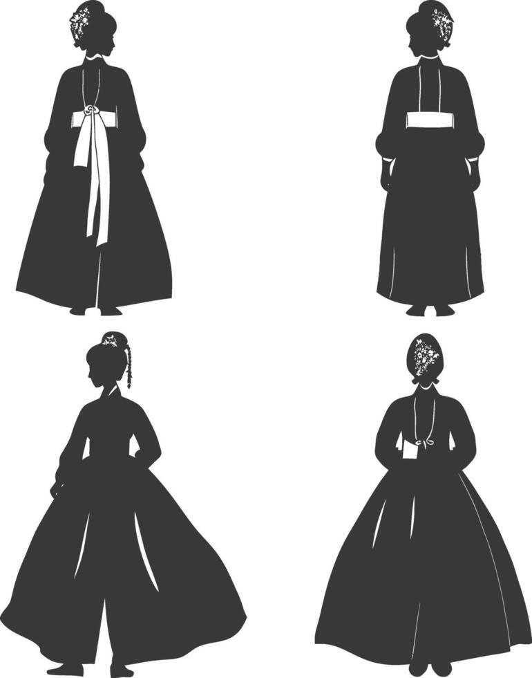 silhouette indépendant coréen femmes portant hanbok noir Couleur seulement vecteur