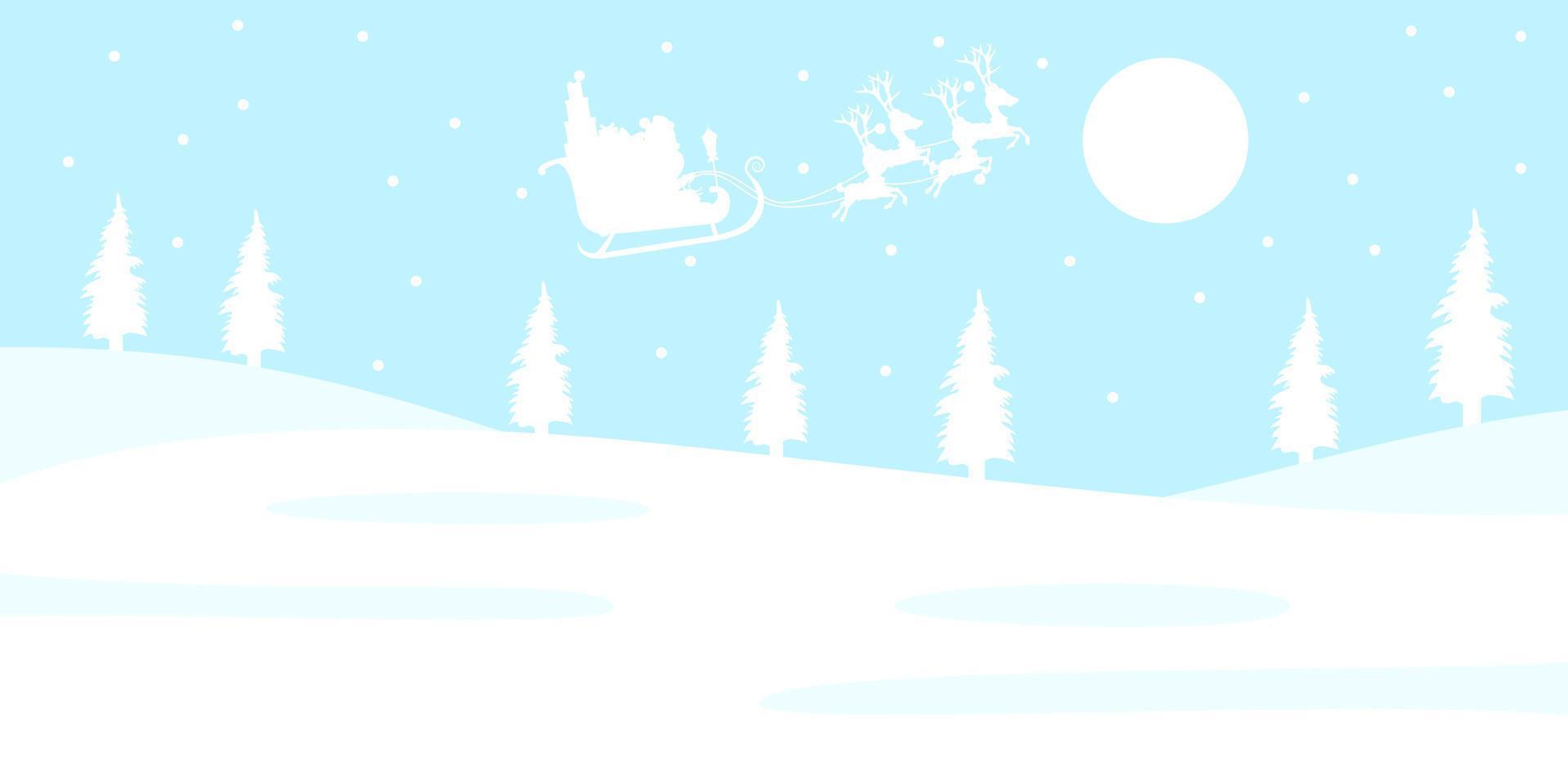 joli beau personnage du père noël volant sur le ciel avec un traîneau avec des rennes avec des coffrets cadeaux fond de silhouette de couleur blanche vecteur