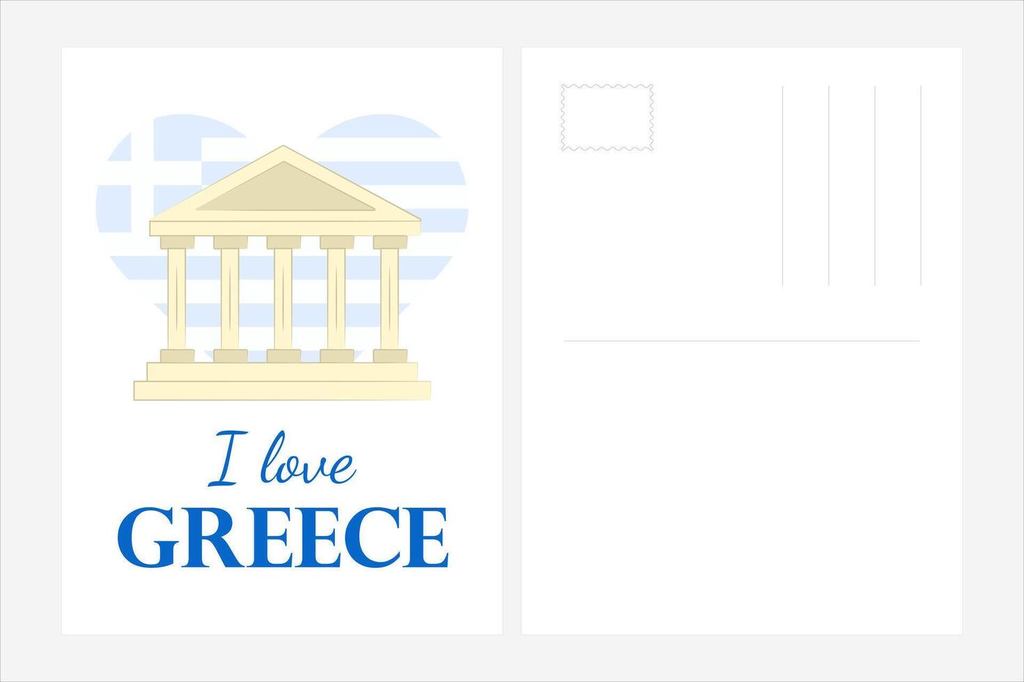 carte postale je l'amour Grèce. ancien temple avec grec drapeaux dans forme de une cœur. carte modèle avec texte. touristique attraction de pays. antique architecture. plat style. Couleur image. illustration vecteur