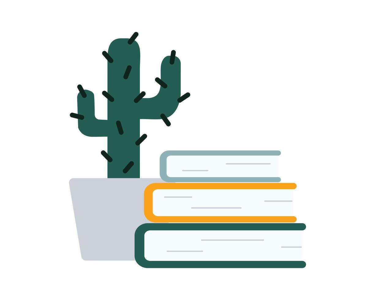 composition de une cactus dans une pot et une empiler de livres. loisirs - en train de lire et soins pour intérieur épineux les plantes. étude, éducation, apprentissage. botanique, la biologie. Couleur image. plat conception. illustration vecteur