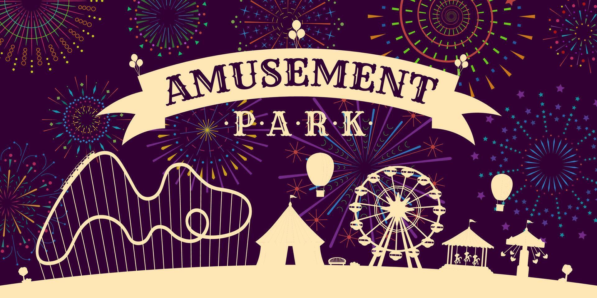 amusement parc affiche avec feu d'artifice sur nuit ciel. carnaval fête foraine cirque, carrousels, rouleau Coaster, attractions sur feux d'artifice scintille des rayons toile de fond. amusement juste Festival La publicité horizontal bannière vecteur