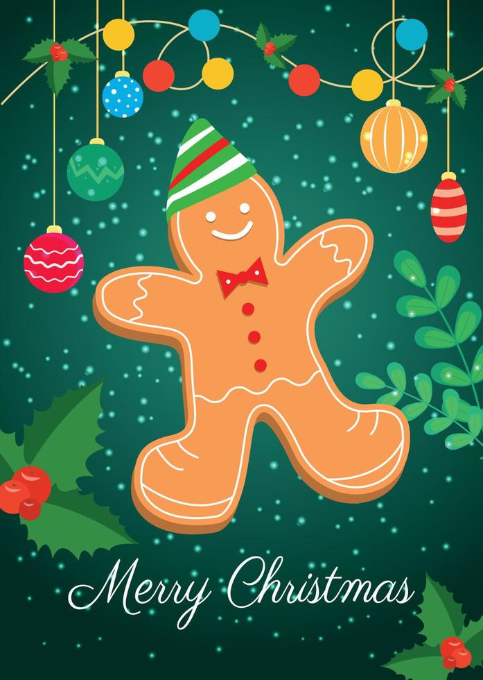 une carte de vœux avec un bonhomme en pain d'épice de Noël dans une casquette. illustration vectorielle. vecteur