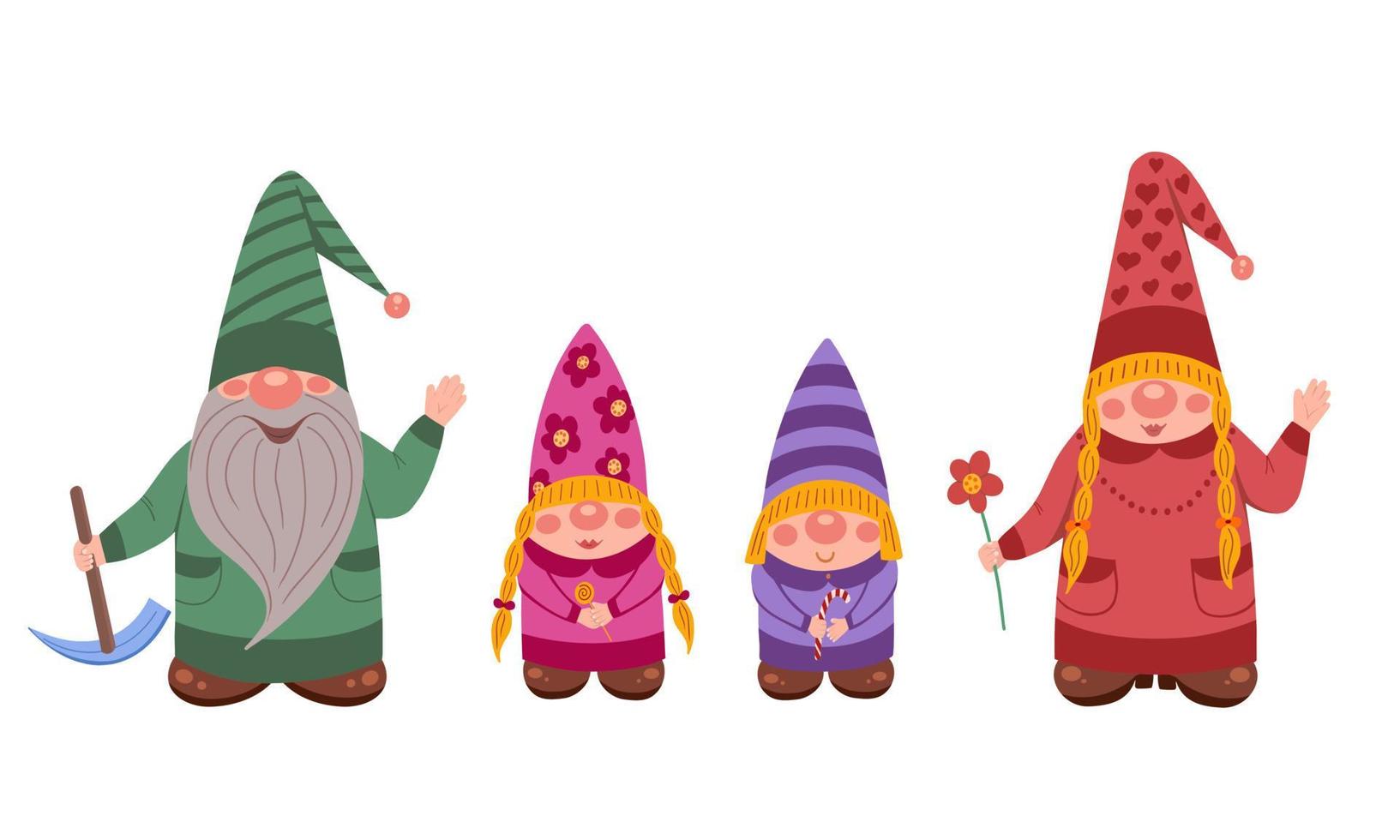 petits gnomes. famille de gnomes. nains de jardin. famille de nain. illustration vectorielle pour l'impression, les arrière-plans, les fonds d'écran, les couvertures, les emballages, les cartes de voeux, les affiches, les autocollants, le textile, le design saisonnier. vecteur