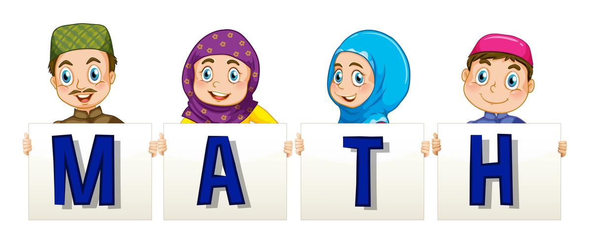 Famille musulmane tenant une pancarte pour le mot math vecteur