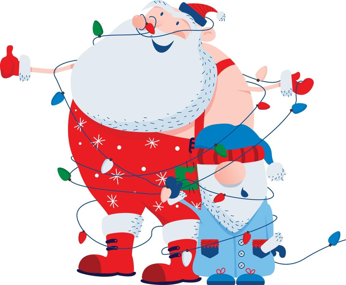 le père Noël et le gnome se sont enveloppés dans une guirlande de sapin de Noël vecteur
