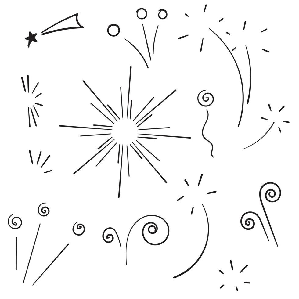 doodle collection vectorielle de swishes, swashs, swoops. tourbillon de calligraphie. mettre en surbrillance les éléments de texte. dessin animé de feux d'artifice dessinés à la main vecteur