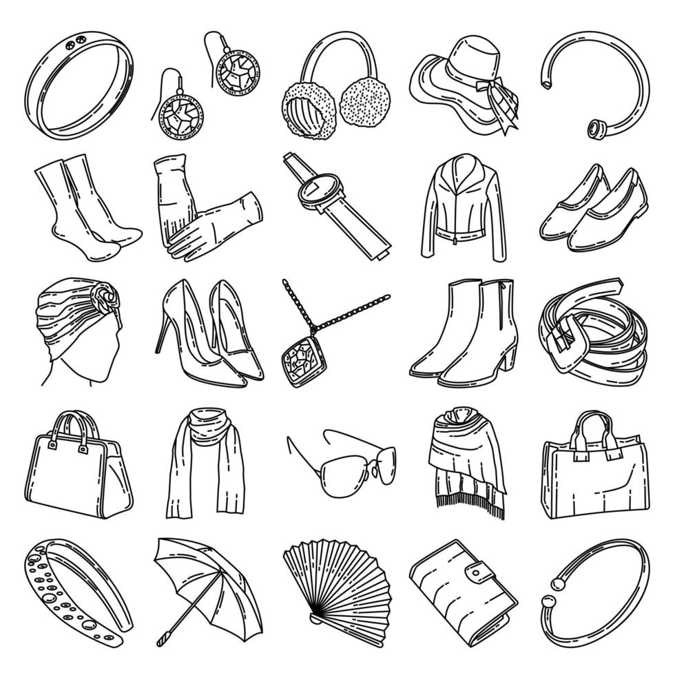 accessoires pour femmes définir le vecteur d'icône. doodle dessinés à la main ou style d'icône de contour