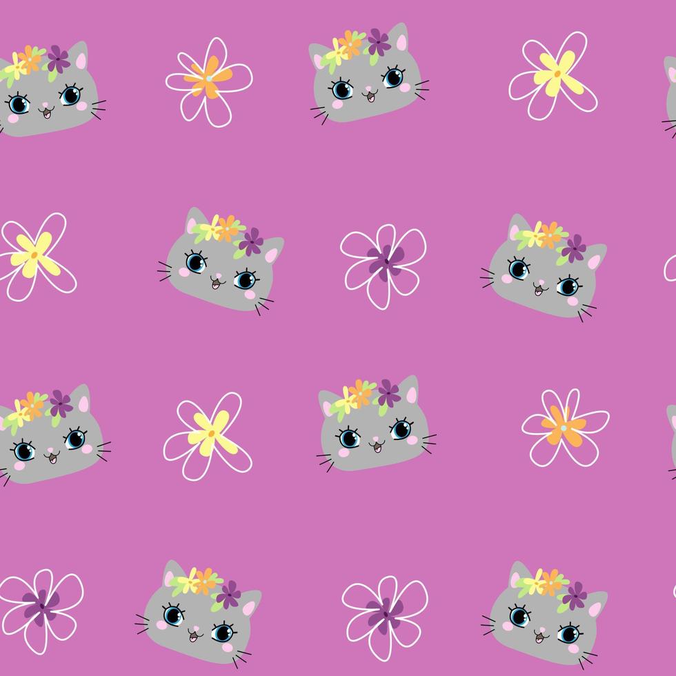 joli motif rose avec des fleurs de ligne de chats. arrière-plan transparent des animaux de compagnie. textiles pour enfants scrapbook papier numérique. vecteur