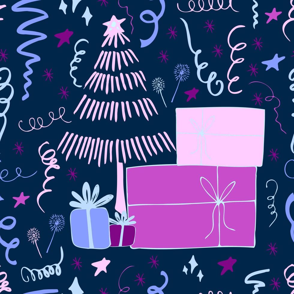 Noël fond fête célébration vecteur modèle sans couture arbres de Noël stylisés avec des cadeaux de bonbons et des cierges magiques. fond d'écran pour papier d'emballage, invitations, papier et cartes, arrière-plans de sites Web.