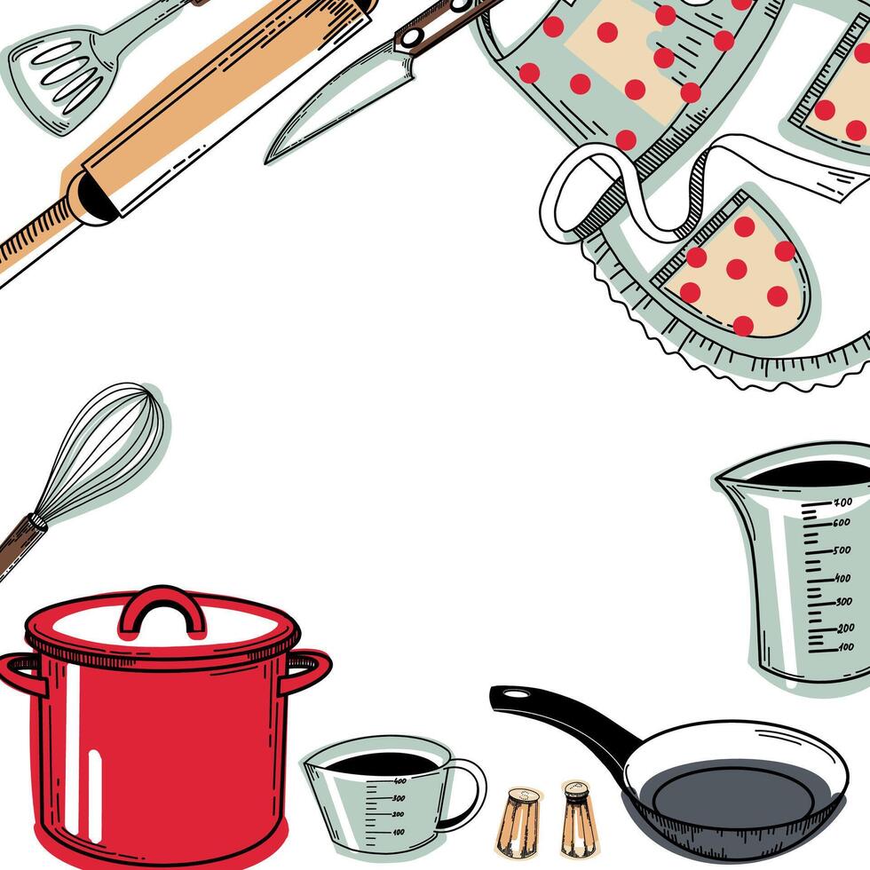 Cadre avec cuisine ustensiles. rouge casserole, friture poêle, polka point tablier, fouet, couteau, sel Mixeur, poivre moulin, cuisine spatule, fouet. illustration. pour cuisine, poêle, conception vecteur