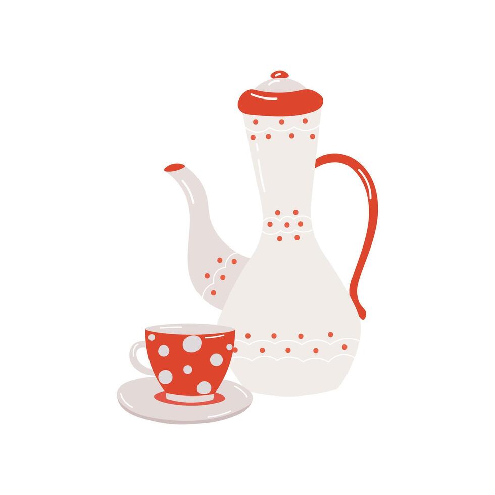 magnifique blanc théière avec polka point thé tasse sur blanc Contexte. vecteur