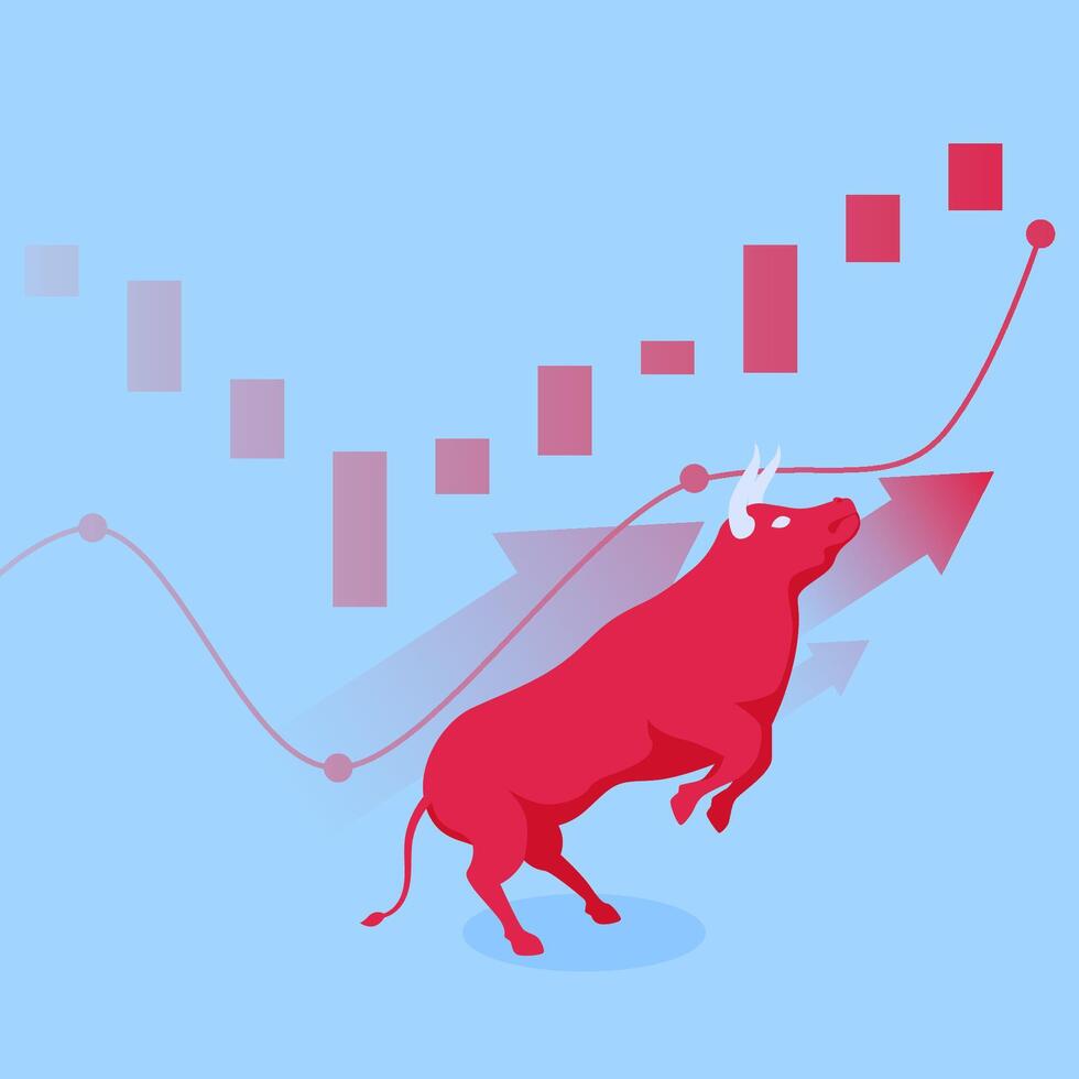 le taureau soulève ses deux de face jambes sauter plus de le graphique, une métaphore pour en hausse partager des prix dans le Stock marché vecteur