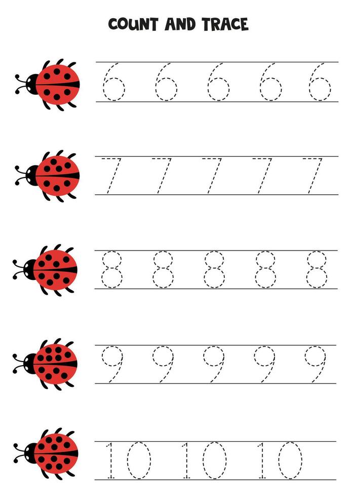 compter rouge coccinelles et trace Nombres. éducatif feuille de travail pour enfants. vecteur