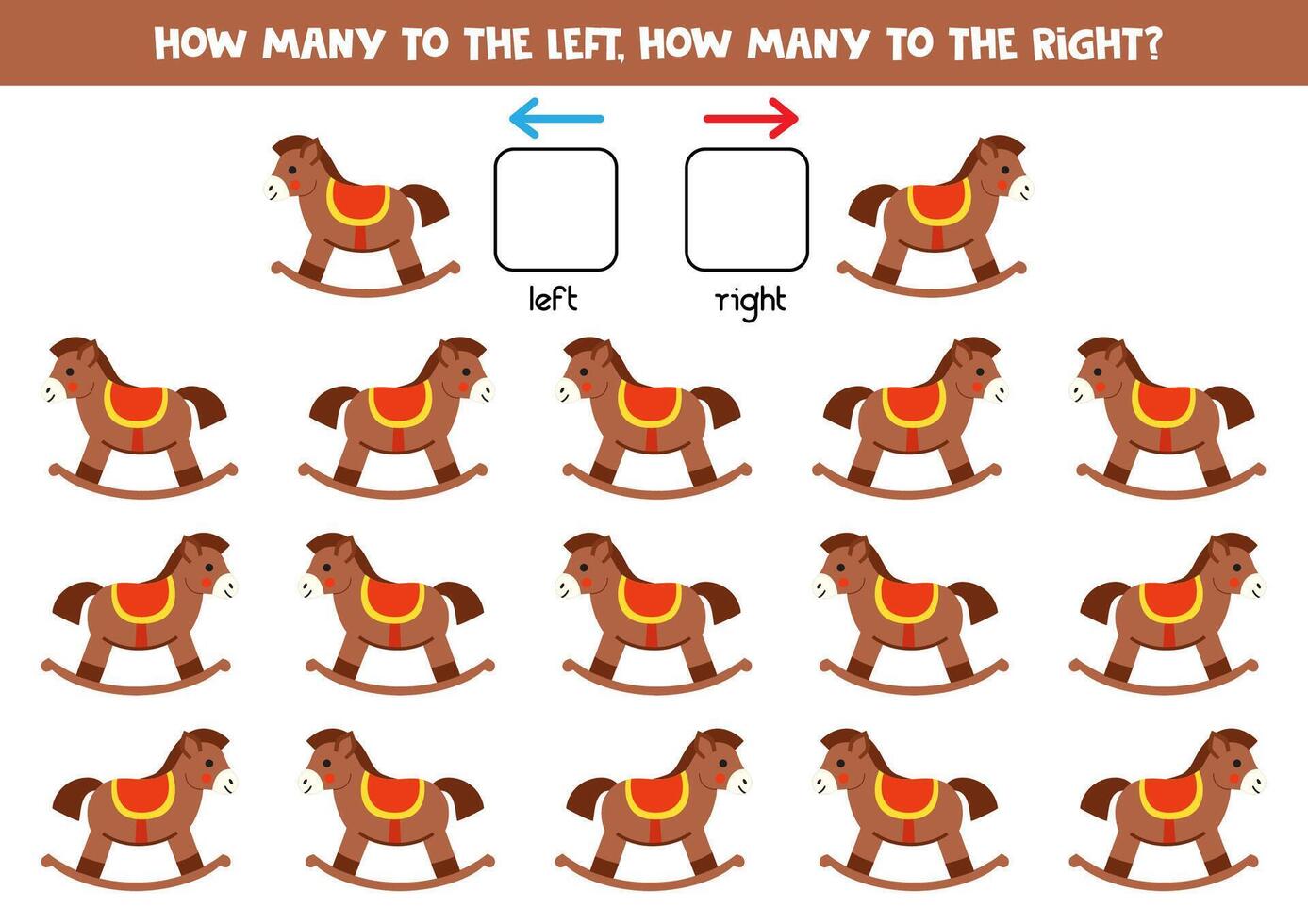 la gauche ou droite avec mignonne dessin animé balancement cheval. logique feuille de travail pour enfants d'âge préscolaire. vecteur