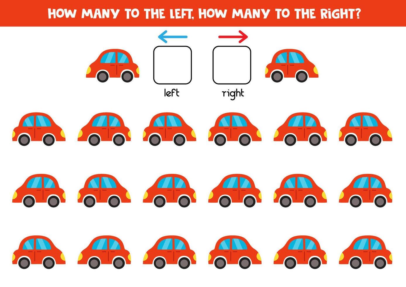 la gauche ou droite avec mignonne dessin animé rouge jouet auto. logique feuille de travail pour enfants d'âge préscolaire. vecteur