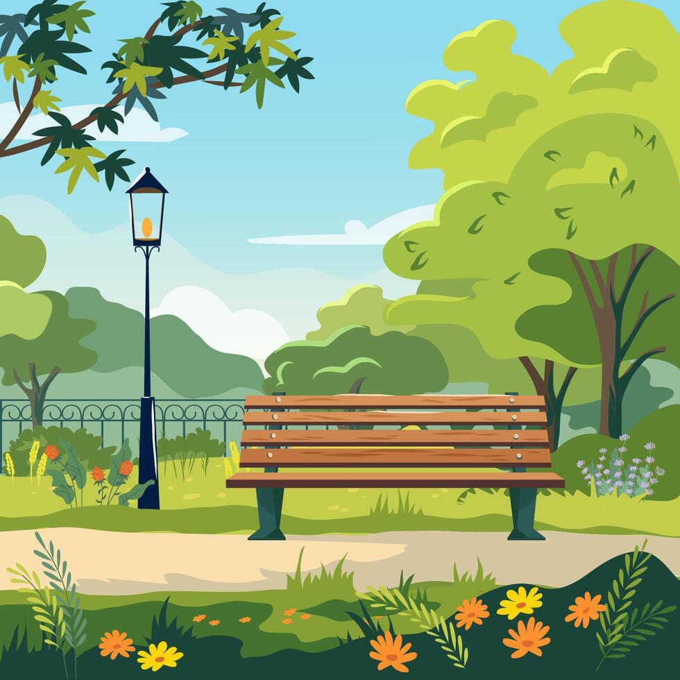 banc dans été Publique jardin. ville parc avec vert des arbres, herbe, en bois banc et lanterne. illustration dessin animé paysage avec vide parc vecteur