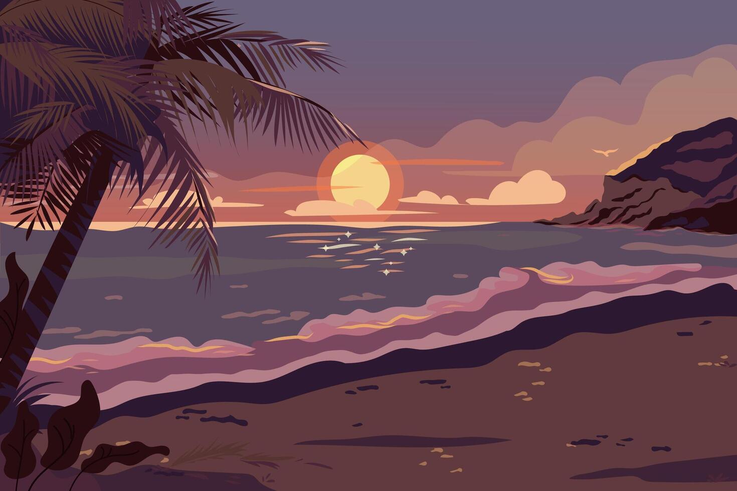 plage rivage avec paumes et calme l'eau. le coucher du soleil dans océan, la nature mer paysage Contexte. paysage marin soir vue dessin animé plat illustration. romantique paysages de tropical la nature vecteur