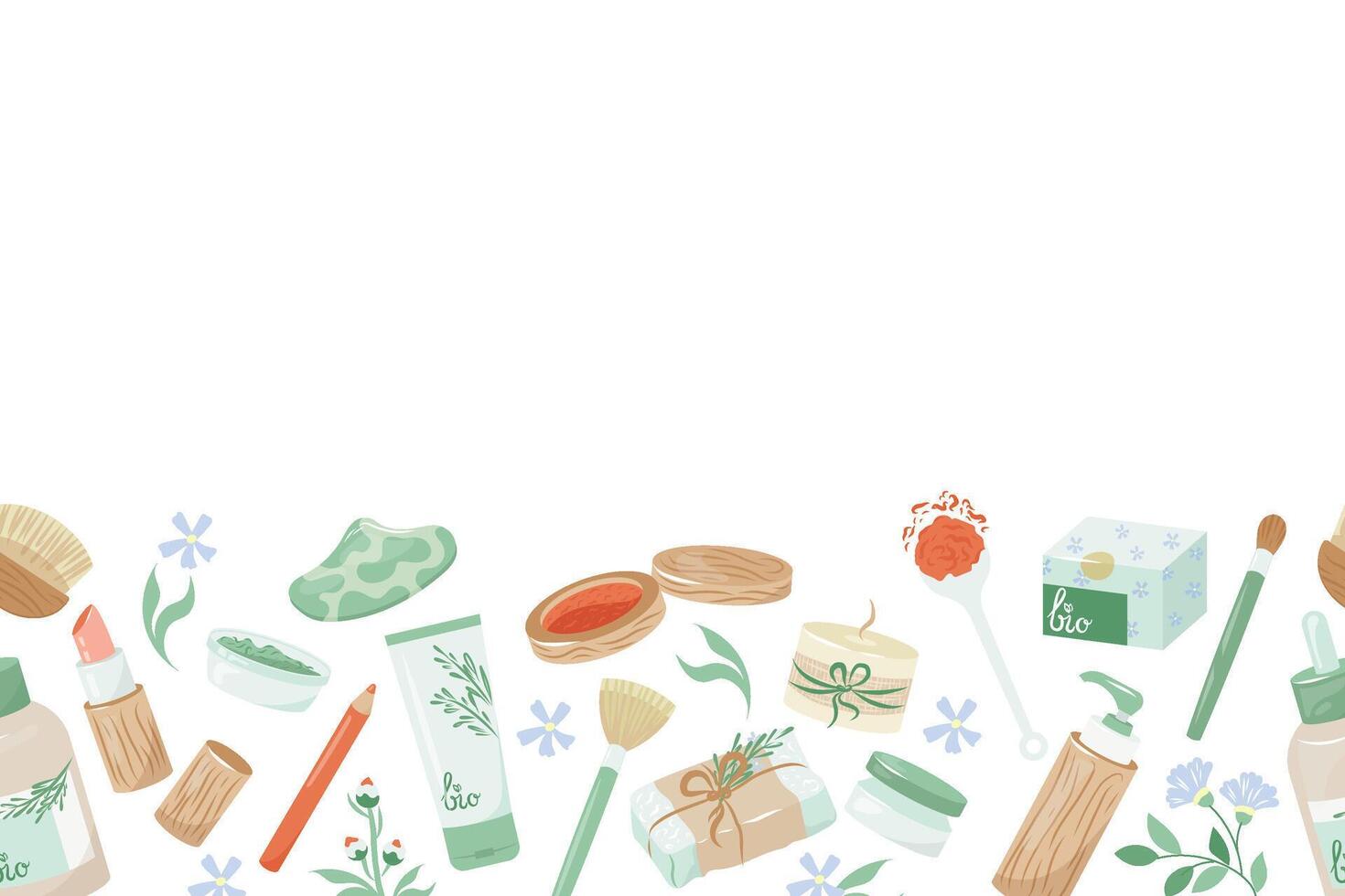 frontière avec Naturel bois bouteilles, pots et papier tubes pour éco amical vie. coloré illustration biologique végétalien produits de beauté pour faire avec vide blanc espace. zéro déchets mode de vie concept vecteur