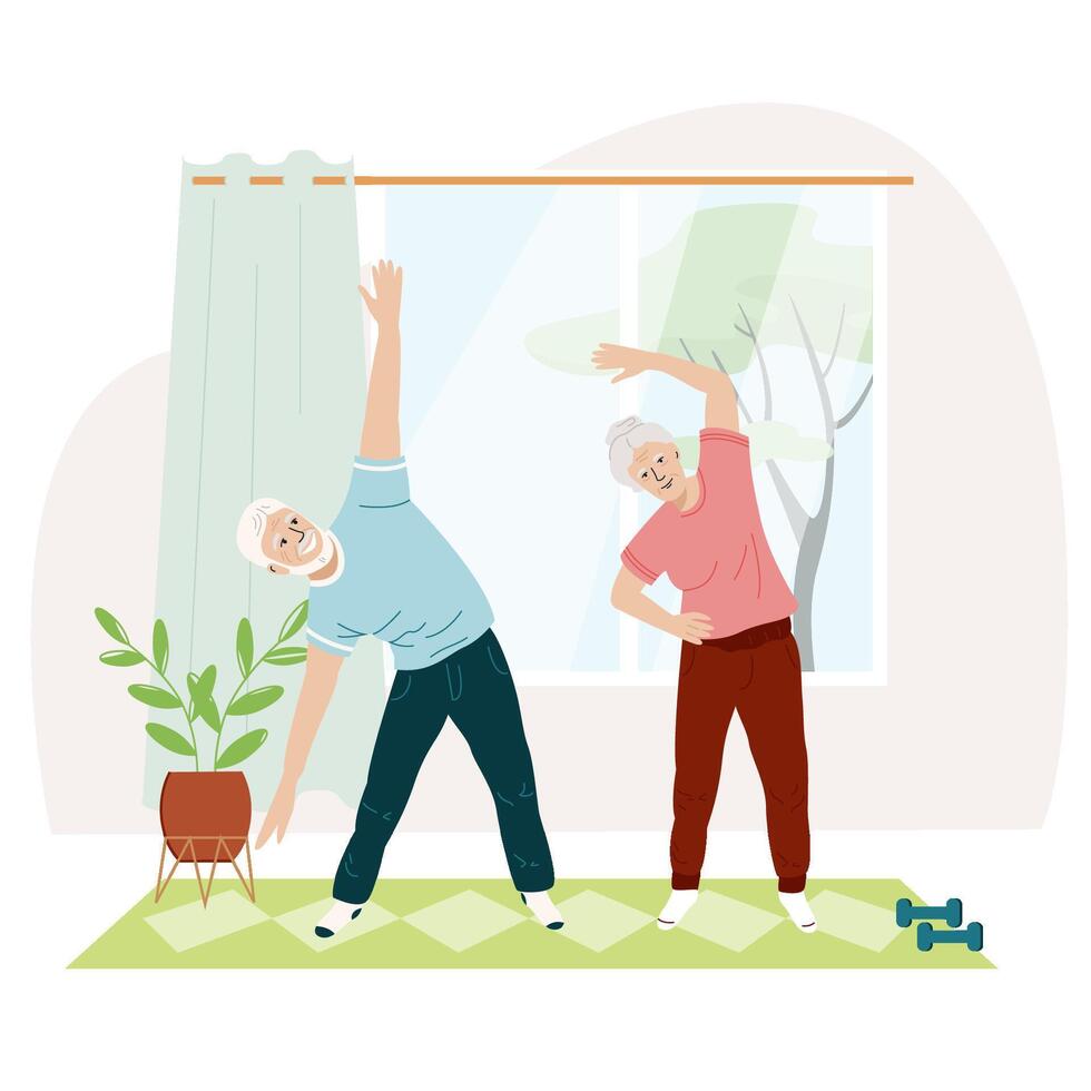 personnes âgées couple faire gymnastique des exercices à Accueil actif mature homme et femme prendre plaisir sport et en bonne santé mode de vie ensemble. actif retraite. plat illustration. vecteur